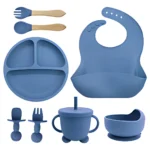 Kit 8 Alimentação Bebê Silicone Prato Babador Copo Tigela Cor Azul-aço