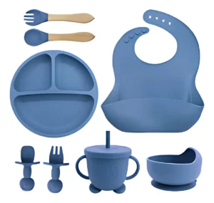 Kit 8 Alimentação Bebê Silicone Prato Babador Copo Tigela Cor Azul-aço