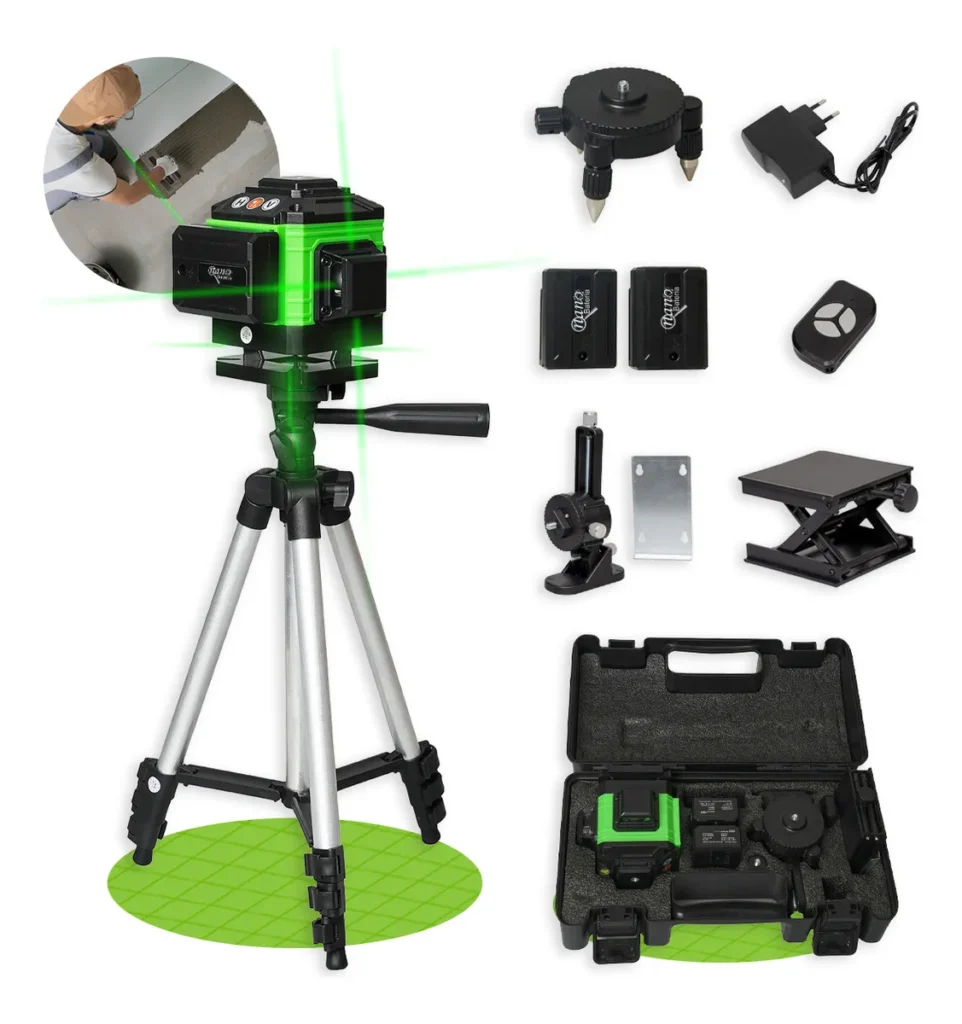 Kit Nível A Laser Verde 12 Linhas Esquadro + Suporte + Tripé Recarregável