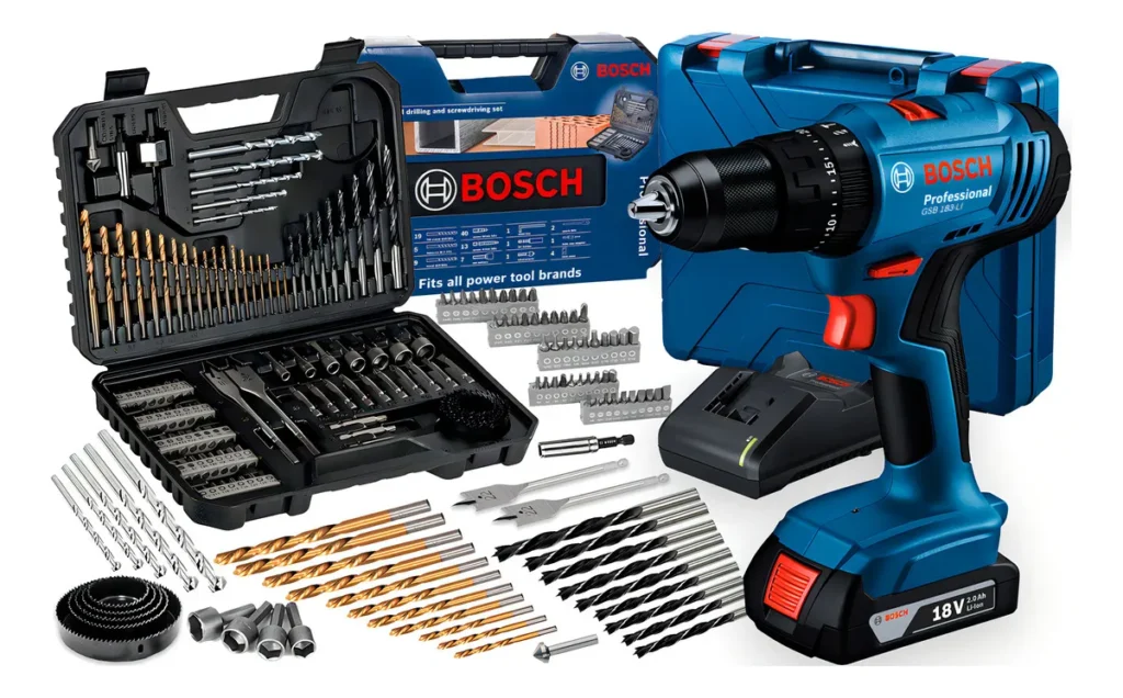 Parafusadeira E Furadeira De Impacto A Bateria 18v Bosch Gsb 183-li Maleta Com Kit Brocas E Bits Profissional 103 Peças
