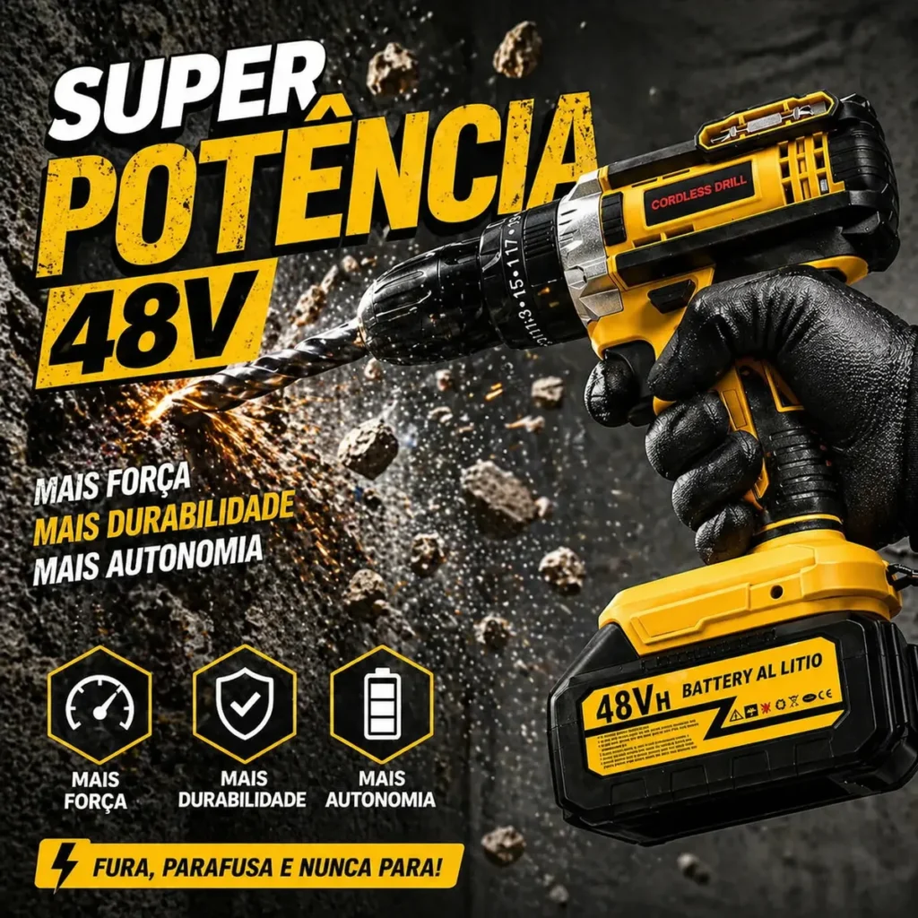 Furadeira Parafusadeira 48v Com 2 Baterias Recarregáveis Maleta Mandril 10mm Torque 32n.m 0-400/0-1400 Rpm Velocidade… Amarelo
