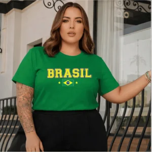 Camiseta Feminina Plus Size Estampada Brasil Academia Treino 100% Algodão Premium