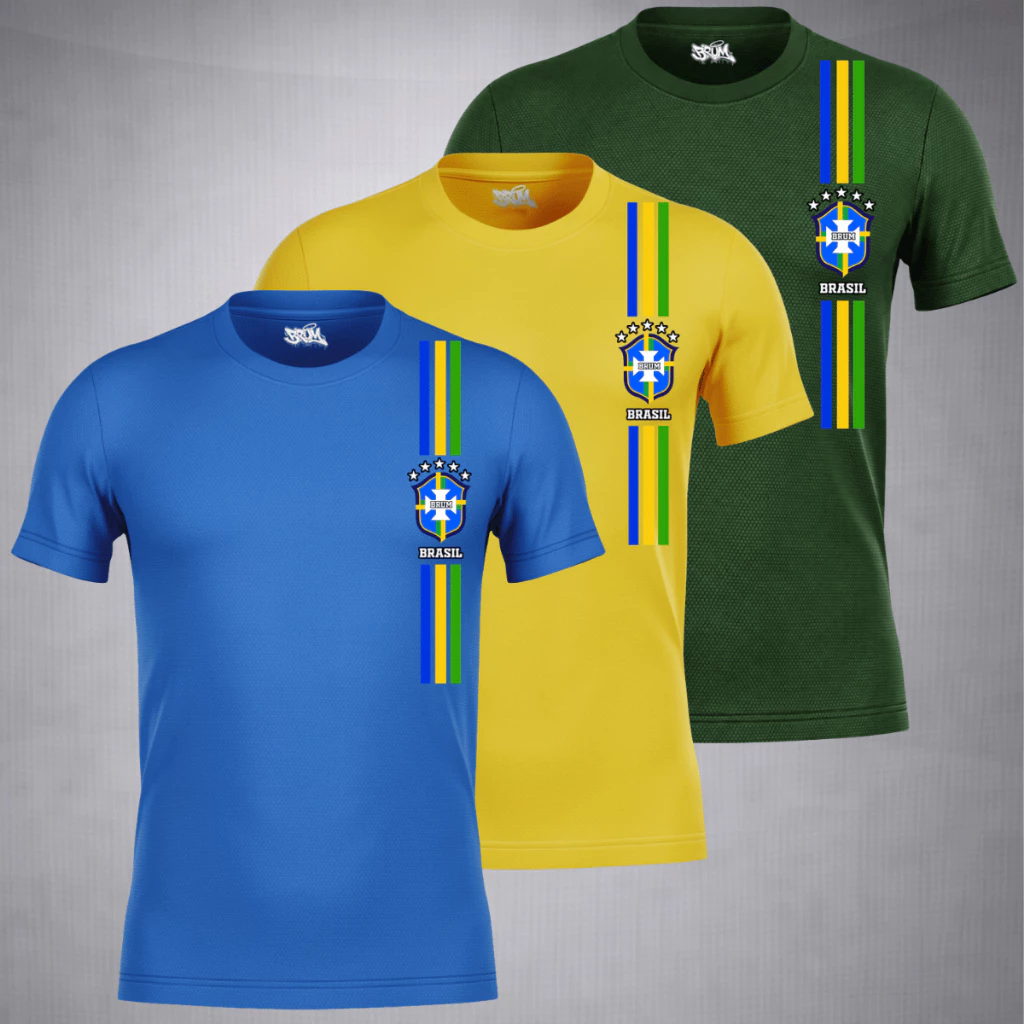 Kit 3 Camisetas Masculina DryFit Estampa Brasil Torcida Copa do Mundo E Atividades Fisicas