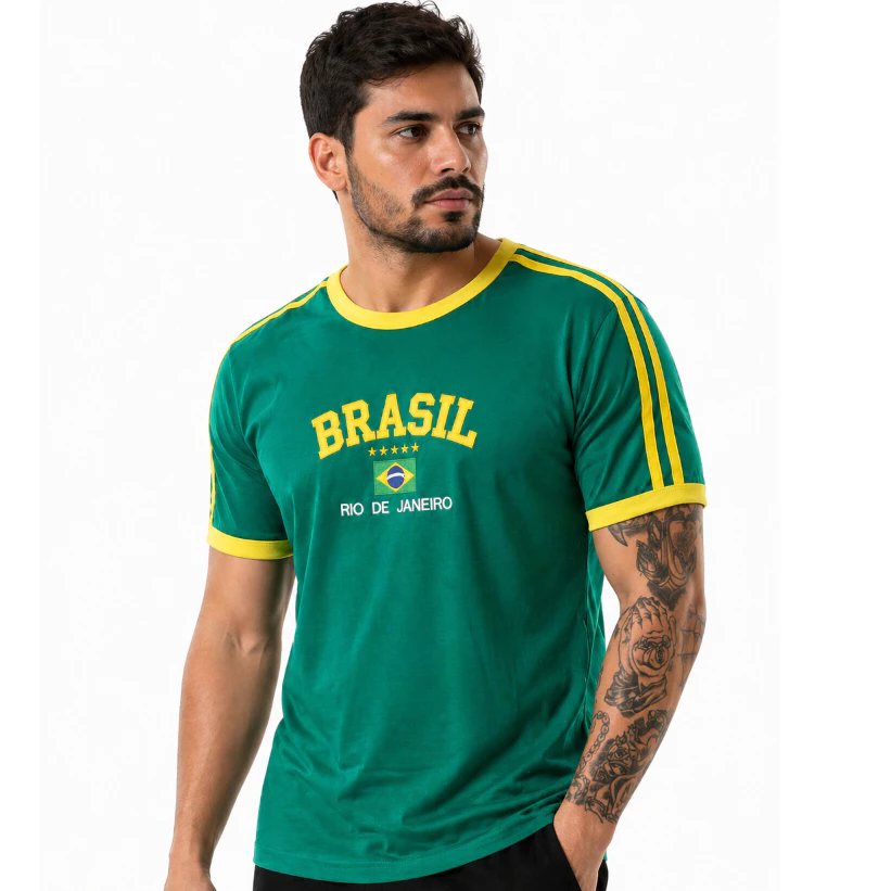 Camisa do Brasil Bordada bandeira masculina listrada