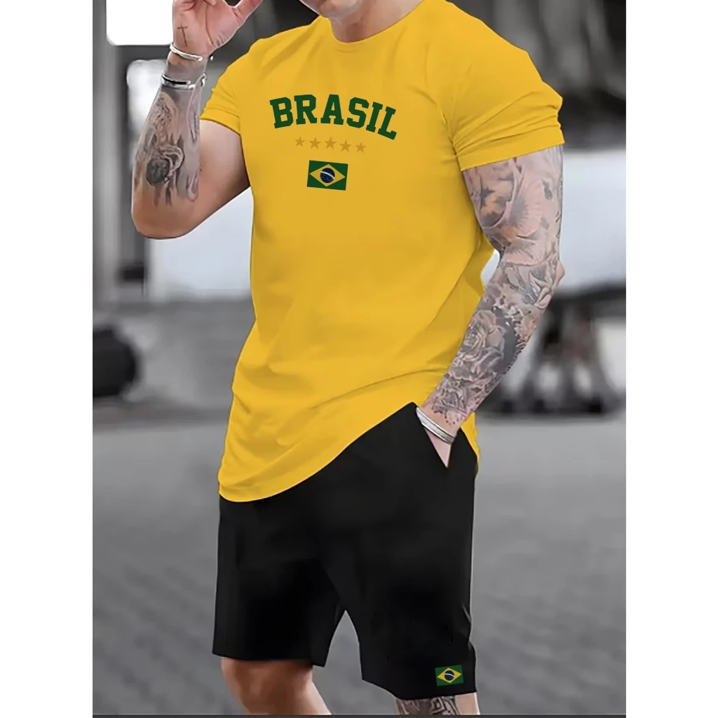 Conjunto brasil Brasil feminino masculino Short e Camiseta Estampa Brasil Copa Do Mundo Envio Rápido
