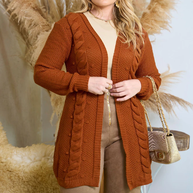 Casaco Cardigan Aberto Manga Longa Tranças Tricô Inverno Lançamento